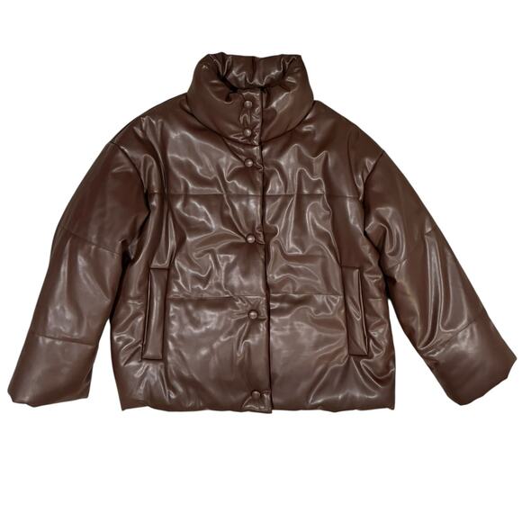 Sans Souci Jackets & Blazers - Sans Souci Brown Coat Puffer PU Leather Bomber Jacket Womens Size Medium Pockets